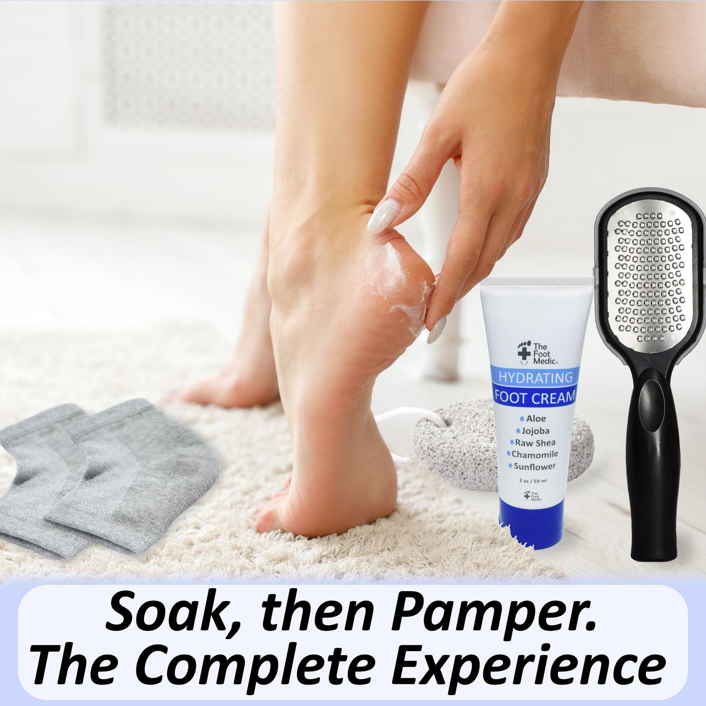 Sturdy Foot Bath Soaking Basin Tub Set: 16 oz Foot Soak, Foot File, Foot Cream, 2 Pumices, 2 Pairs Moisturizing Socks, Foot Care Gift