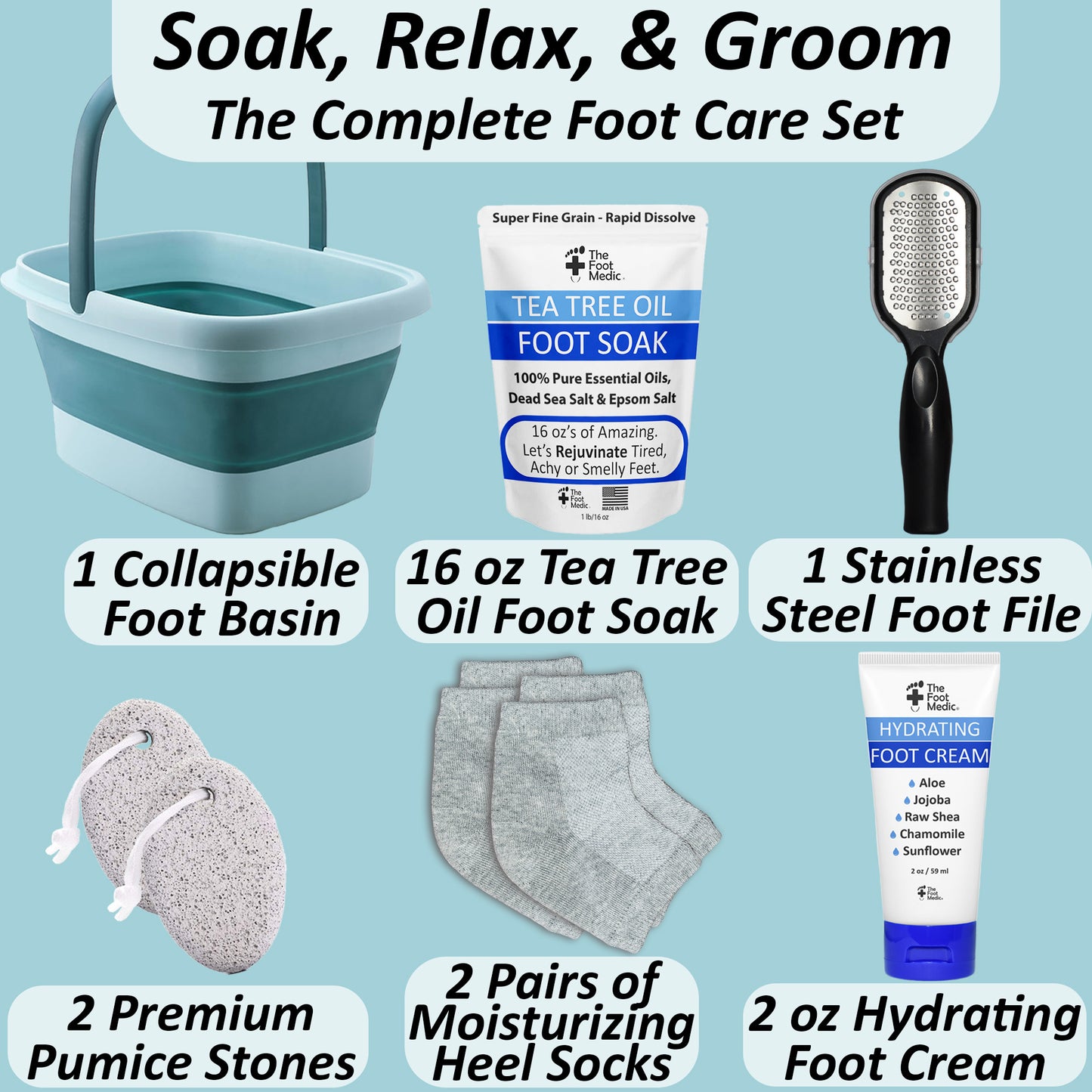 Collapsible Foot Bath Soaking Basin Tub Set: Pedicure Foot Soak, Foot File, Foot Cream, 2 Pumices, 2 Pairs Moisturizing Socks, Foot Care Gift