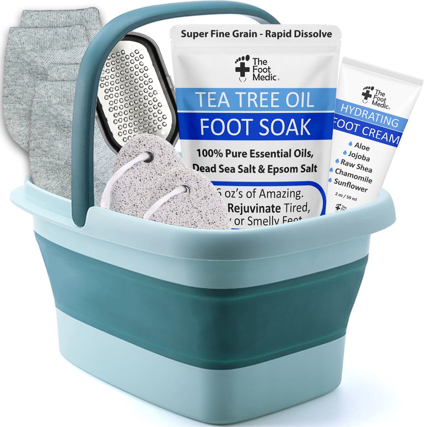 Collapsible Foot Bath Soaking Basin Tub Set: Pedicure Foot Soak, Foot File, Foot Cream, 2 Pumices, 2 Pairs Moisturizing Socks, Foot Care Gift
