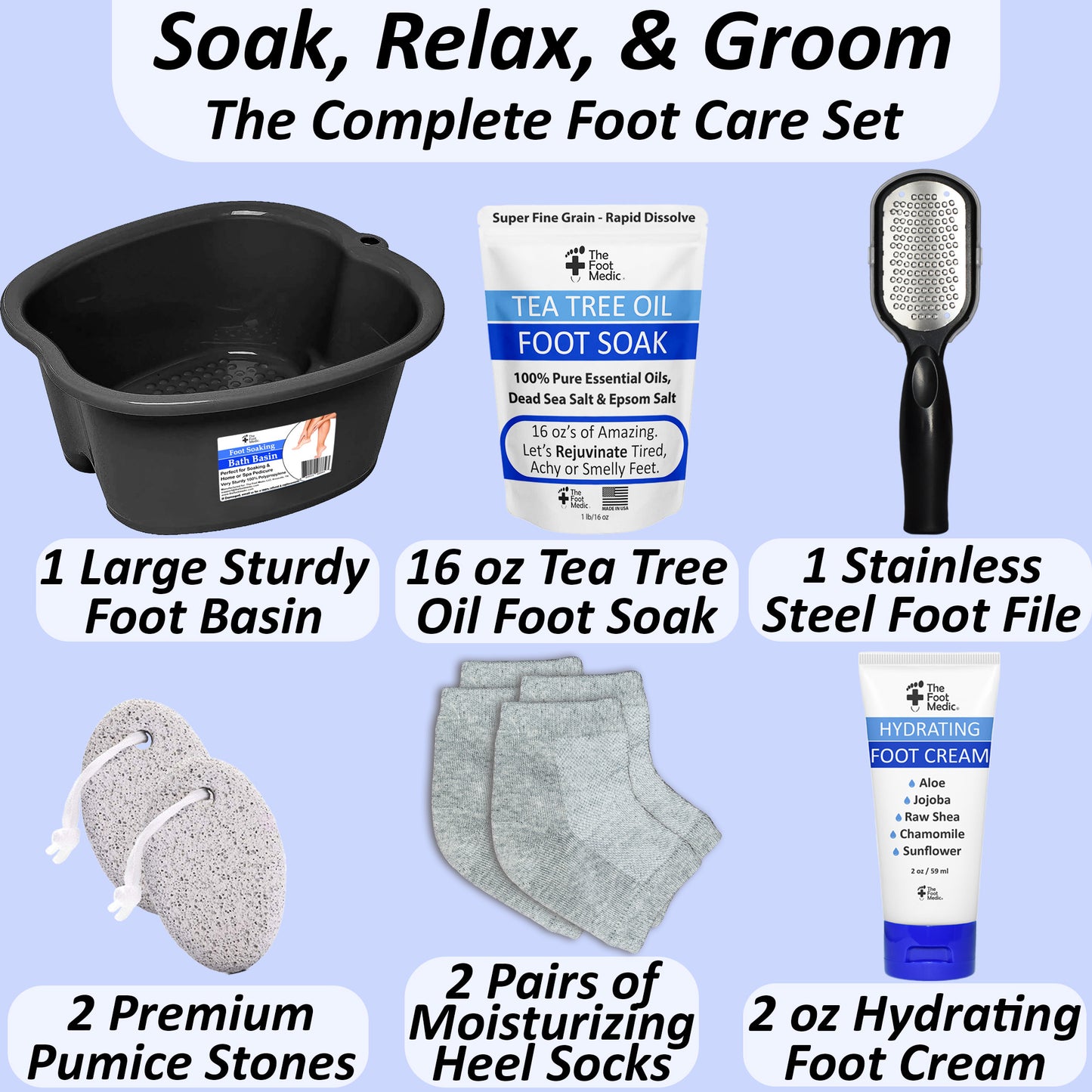 Sturdy Foot Bath Soaking Basin Tub Set: 16 oz Foot Soak, Foot File, Foot Cream, 2 Pumices, 2 Pairs Moisturizing Socks, Foot Care Gift