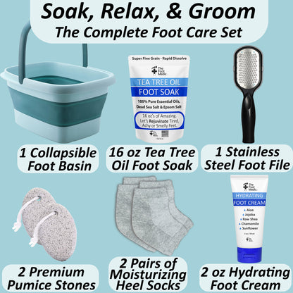Collapsible Foot Bath Soaking Basin Tub Set: Pedicure Foot Soak, Foot File, Foot Cream, 2 Pumices, 2 Pairs Moisturizing Socks, Foot Care Gift