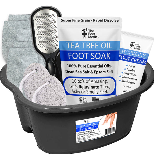 Sturdy Foot Bath Soaking Basin Tub Set: 16 oz Foot Soak, Foot File, Foot Cream, 2 Pumices, 2 Pairs Moisturizing Socks, Foot Care Gift